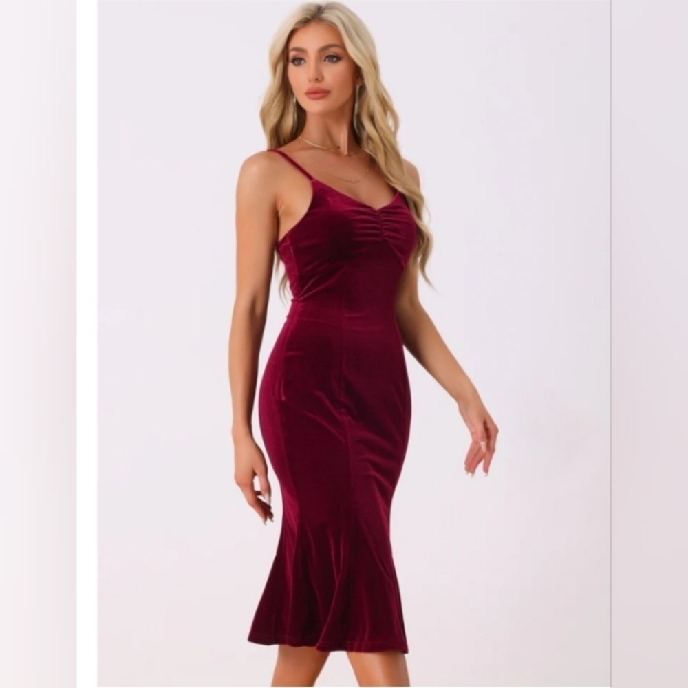 Allegra k Spaghetti Straps V Neck Fishtail Cocktail Velvet Midi Dress
